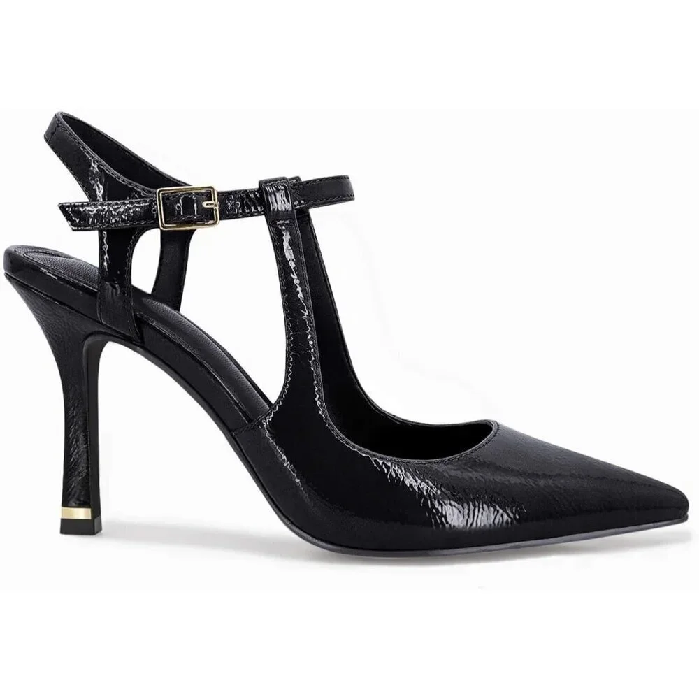 Women's Black High Heels Pointed Toe Ankle Strap Pumps Patent Dress Shoes